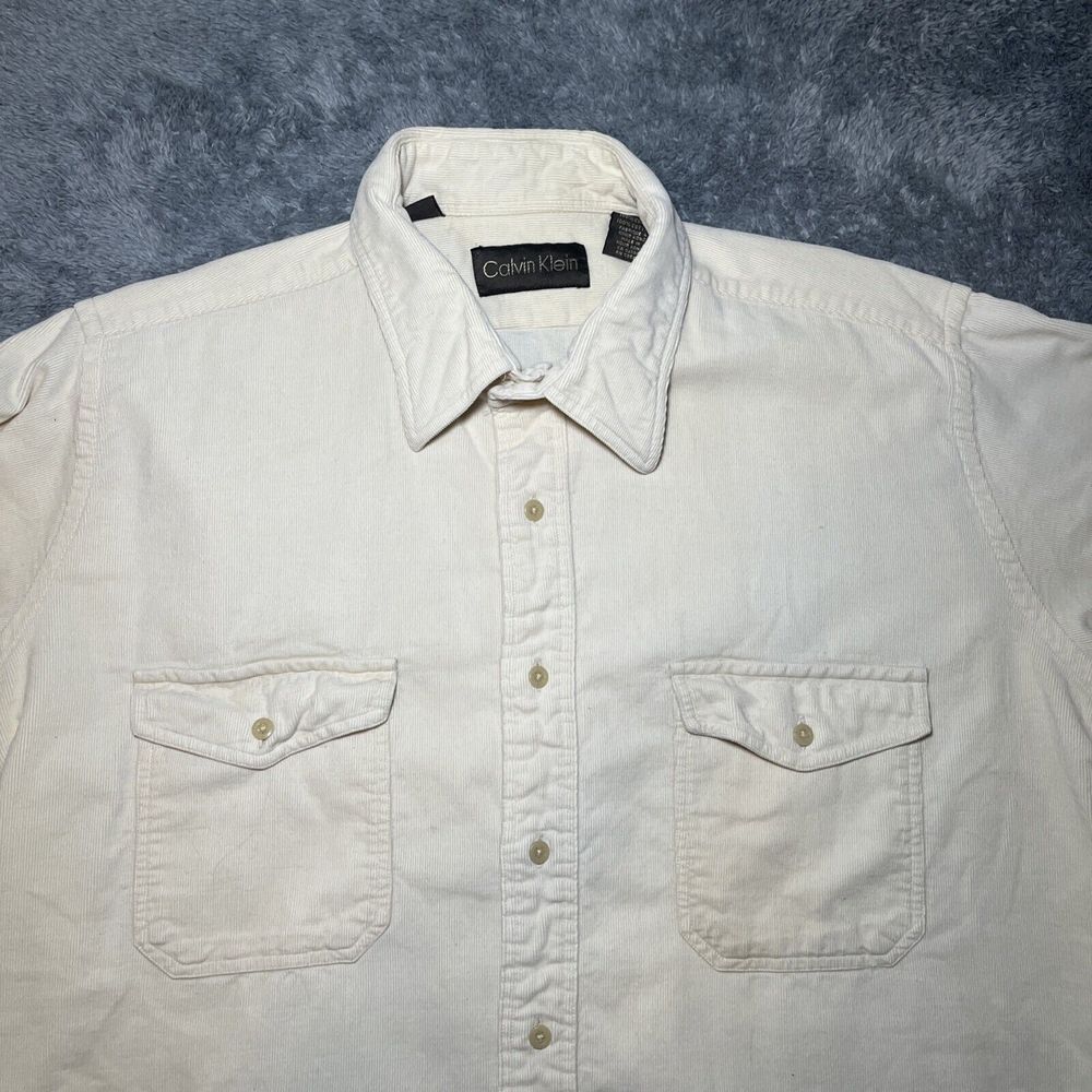 VTG Calvin Klein Men's XL 17-17.5 Button Down Cream Long Sleeve Cotton Shirt